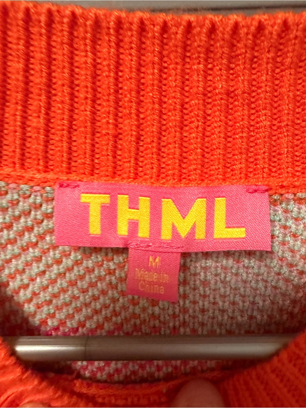 THML Long Sleeve Knit Orange Plaid Colorblock Crewneck Sweater MEDIUM - Picture 2 of 6